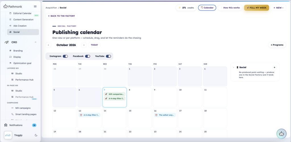 Publishing calendar: the month, per platform