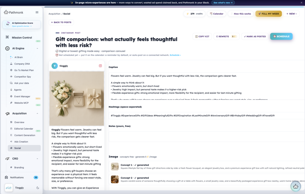 An Instagram post: caption, hashtags and generated image